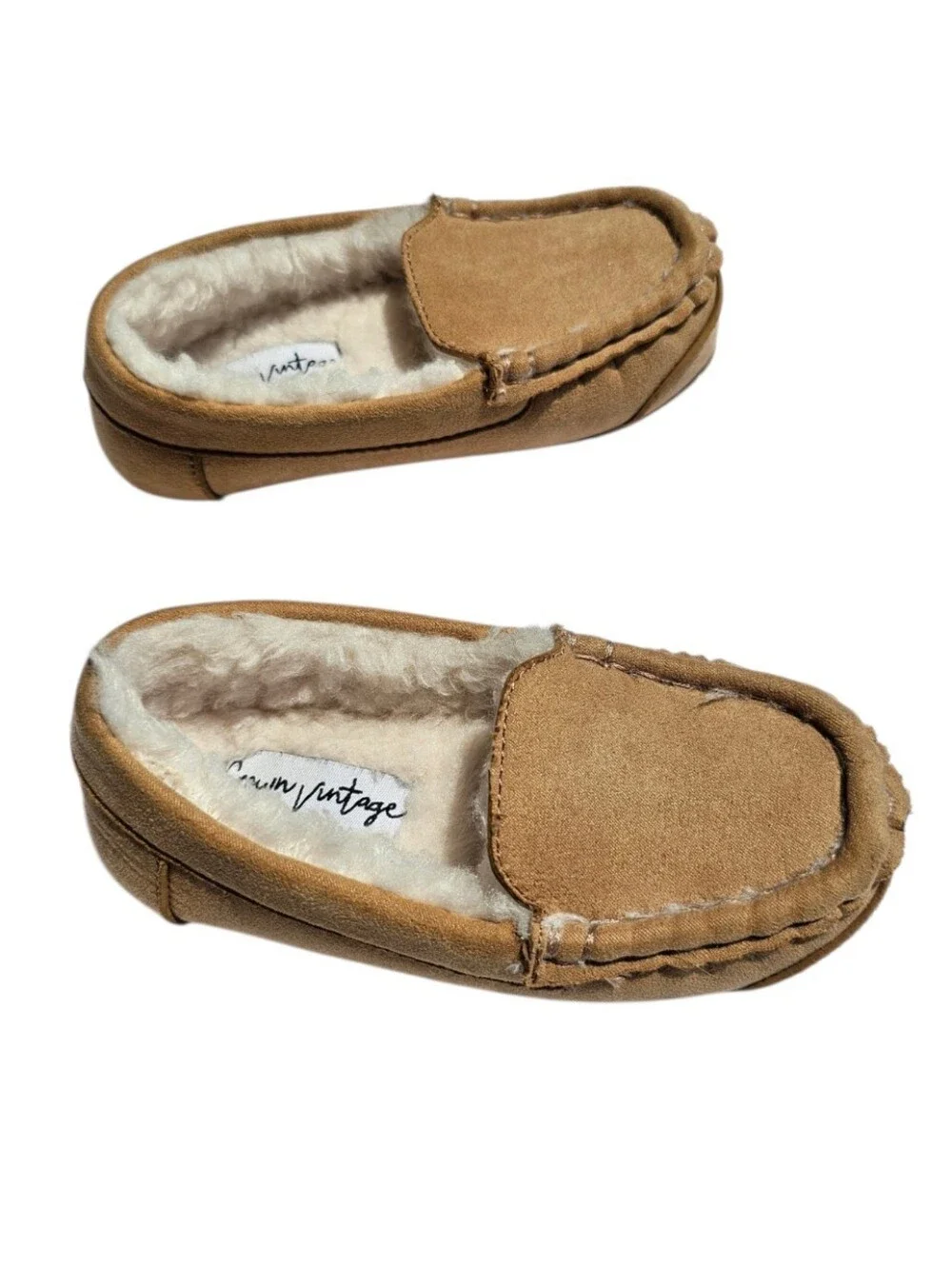 Crown Vintage Kids Tan Faux-Suede Fur Lined Moccasin Slippers Size 9